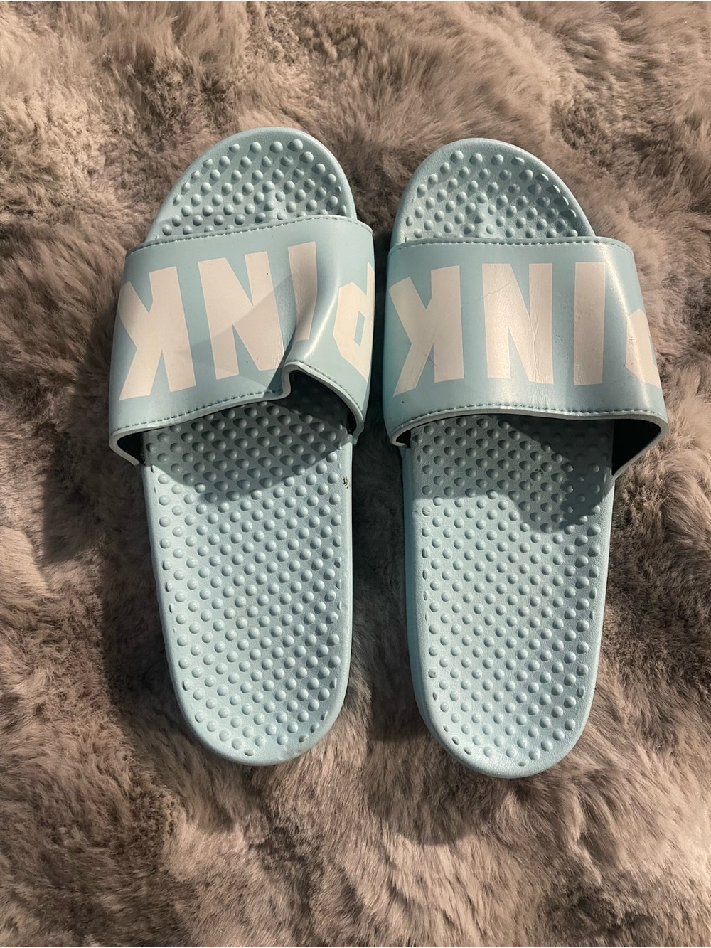 PINK Victoria's Secret Light Blue Slide Sandals with White Logo